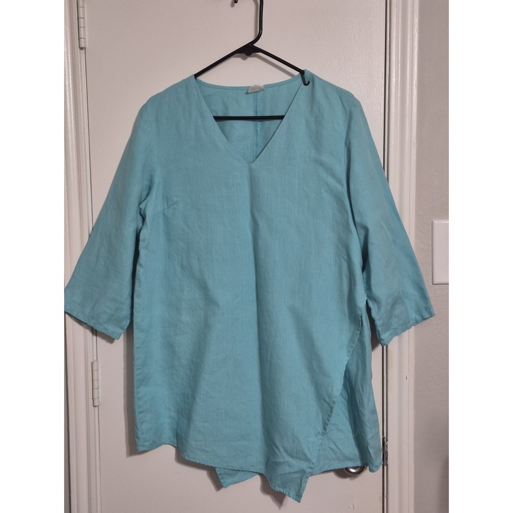 Et Lois 100% Linen Tunic Top Medium Turquoise Overlap Asymmetrical Hem Lagenlook